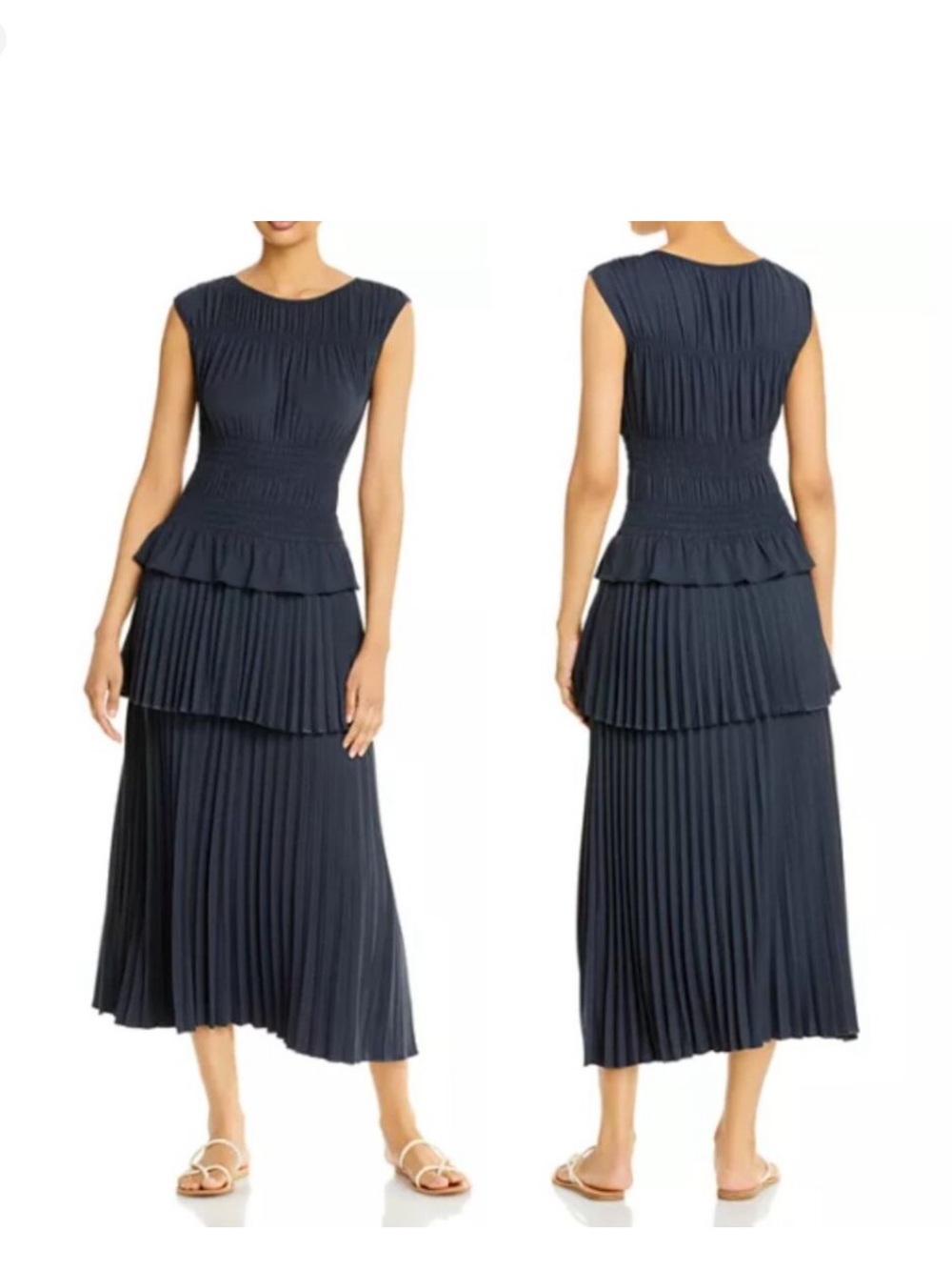 Rebecca Taylor Tiered Midi Dress Small Nautical Ruffle Pleated Short Sleeve